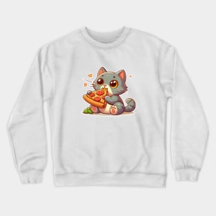 cute cat fat eat pizza slice cartoon illustration Crewneck Sweatshirt